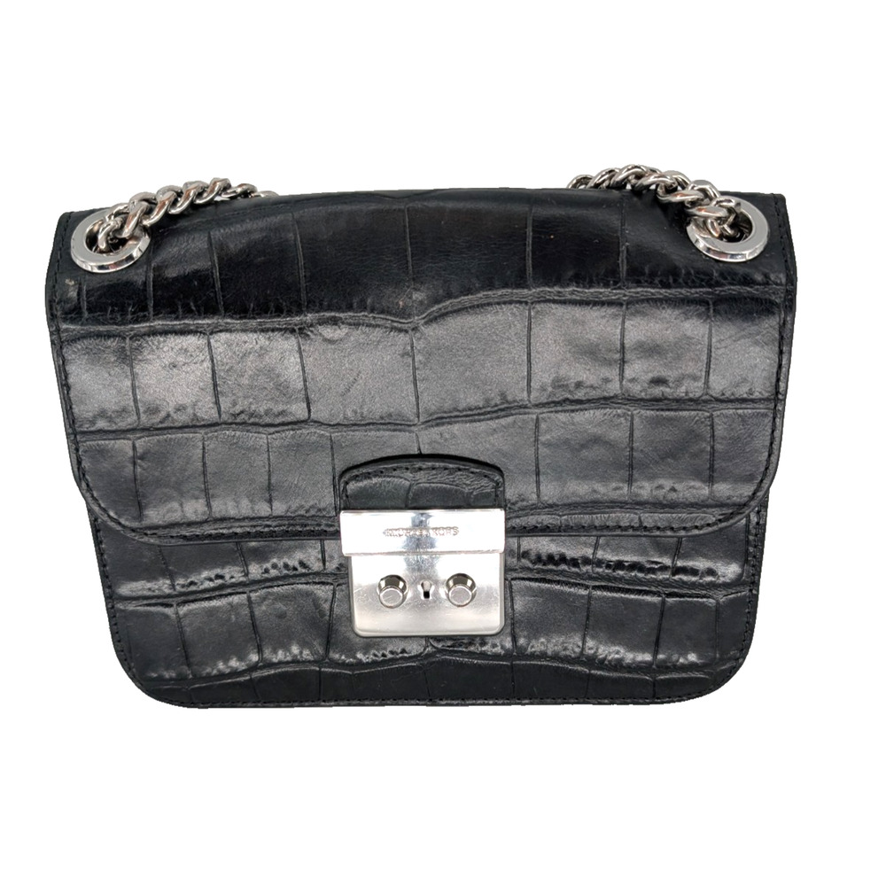 Michael Kors Sloan Editor Black Leather Crocodile Embossed Chain Strap Handbag - Picture 2 of 14